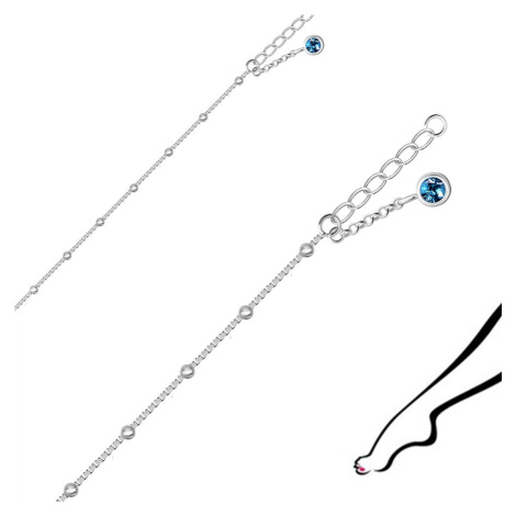 Stříbrný 925 náramek na kotník - ozdobený malými kuličkami a modrým kulatým zirkonem Šperky eshop