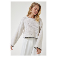 Happiness İstanbul Women's Cream Pearls Openwork Seasonal Crop Knitwear Sweater