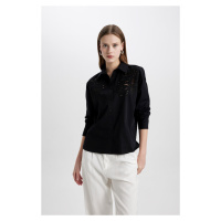 DEFACTO Oversize Fit Perforated Poplin Long Sleeve Black Shirt