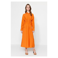 Trendyol Orange Shromážděné detaily Half Pat Lněné Smíšené Tkané Šaty