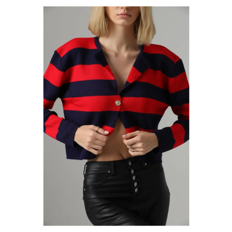 74390 Dewberry Crew Neck Striped Crop Cardigan-RED-NAVY