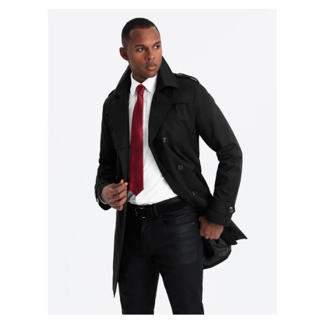 Elegantní pánský plášť SLIM FIT s páskem černý Ombre Clothing