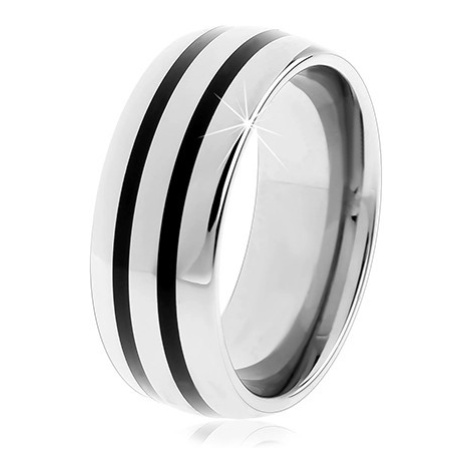 Wolframový hladký prsten, jemně vypouklý, lesklý povrch, dva černé pruhy Šperky eshop