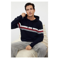 Trendyol Navy Blue Slim Fit Hooded Striped Knitwear Sweater