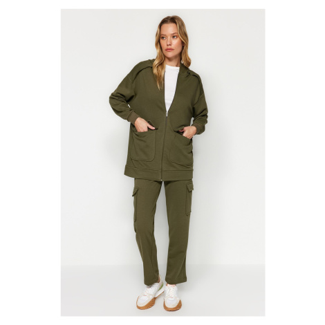 Trendyol Khaki Pocket Zippered Cardigan-Bottom Knitted Tracksuit Set