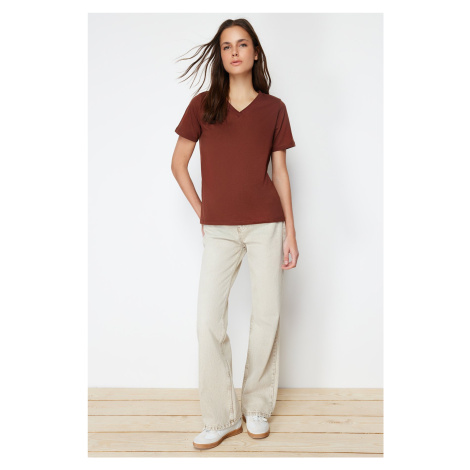 Trendyol Brown 100% Cotton Basic V-Neck Knitted T-Shirt