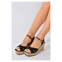 Fox Shoes Black Linen Wedge Heeled Shoes