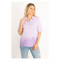 Şans Women's Plus Size Lilac Polo Collar and Pop Button-Collar Glitter And Stone Detailed Blouse