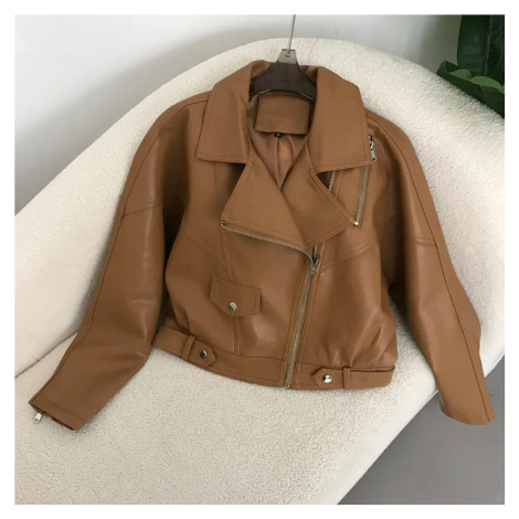 Kožená dámská bunda typu křivák - Hnědá