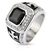 Mohutný prsten z chirurgické oceli, černý zirkonový čtverec, čiré linie, kříže