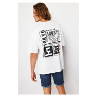 Trendyol Ecru Oversize/Wide-Fit Oriental Printed Short Sleeve 100% Cotton T-Shirt