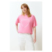 Trendyol Pink 100% Cotton Heart Motto Printed Oversize/Casual Fit Knitted T-Shirt