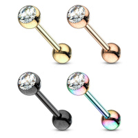 Ocelový 316L piercing do jazyka - barbell, dvě kuličky, kulatý krystal, PVD, 16 mm - Barva: Zlat