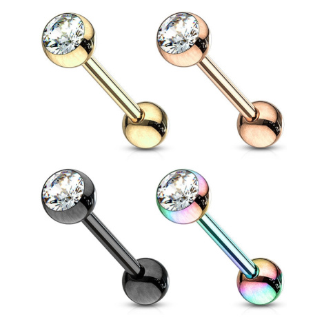 Ocelový 316L piercing do jazyka - barbell, dvě kuličky, kulatý krystal, PVD, 16 mm - Barva: Zlat Šperky eshop
