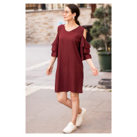 armonika Women's Burgundy V-Neck Dress with Open Shoulders and Ruffled Sleeves