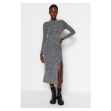 Trendyol Anthracite Crew Neck Fluffy Midi Slit and Gathered Detail Fitted Knitted Dress