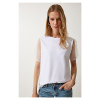 Happiness İstanbul Women's White Sleeve Tulle Detailed Knitted T-Shirt