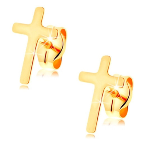 Náušnice ve žlutém 14K zlatě - malý latinský křížek, vysoký lesk, puzetky Šperky eshop