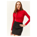 Olalook Women's Red High Collar Lycra Blouse with Gather Detail