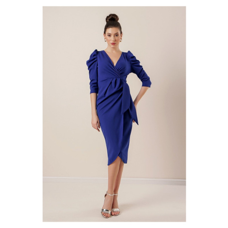 By Saygı Knitted Crepe Wrapped Dress with Pleated Sleeves and Ruffles in the Front.