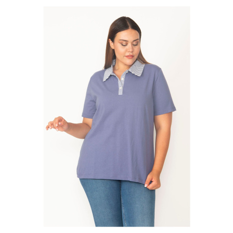 Şans Women's Plus Size Indigo Cotton Fabric Polo Shirt with Collar and Button Down