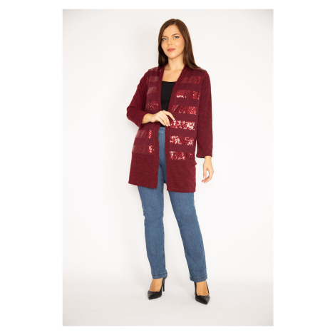 Şans Women's Plus Size Claret Red Sequin Detailed Cardigan