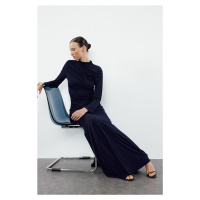 Trendyol Navy Blue Fitted/Fits the Body Stand Collar Long Sleeve Flexible Maxi Knit Dress