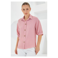 Bigdart Women's Pink Short Sleeve Oversize Linen Shirt 20240