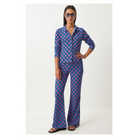 Happiness İstanbul Women's Blue Pink Patterned Summer Woven Shirt and Trousers Set