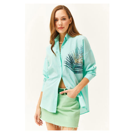 Olalook Women's Aqua Green Palm Sequin Detailed Oversize Woven Poplin Shirt