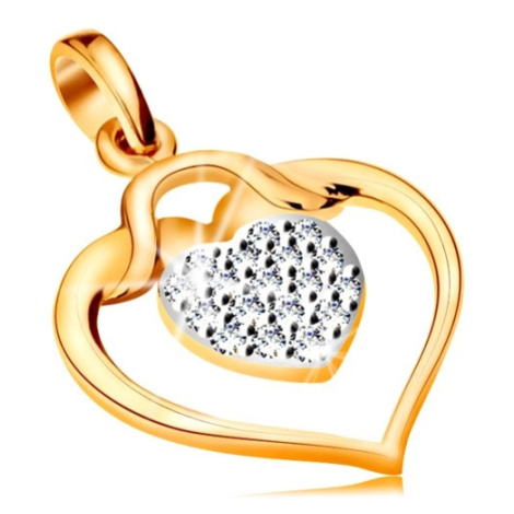 Zlatý přívěsek 585 - lesklý obrys srdce s menším zirkonovým srdíčkem uvnitř Šperky eshop