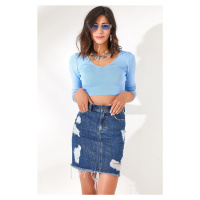 Olalook Women's Blue Mini Denim Skirt with Pockets and Torn Detail