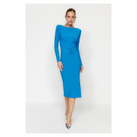 Trendyol modré vypasované pletené řasené elegantní večerní šaty