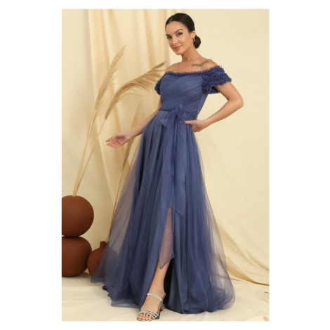 By Saygı Frilly Belted Collar And Sleeves Lined Long Tulle Dress
