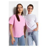 Trendyol Pink-White 2-Pack 100% Cotton Basic Stand-Up Collar Knitted T-Shirt
