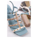 Modro-béžové vybíjené sandály na hrubém podpatku 141428