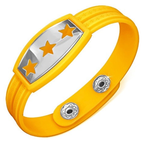 Žlutý gumový náramek - hvězdy na známce, řecký klíč Šperky eshop