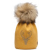 Hořčicově žlutá čepice Woolk se zlatým jelenem a hnědou bambulí