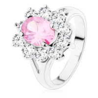 Prsten s rozdvojenými rameny, růžový zirkonový ovál, čiré lemování