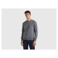 Benetton, Dark Gray Crew Neck Sweater In Pure Merino Wool