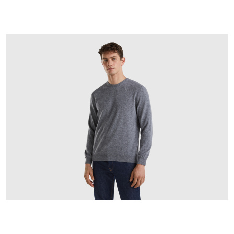 Benetton, Dark Gray Crew Neck Sweater In Pure Merino Wool United Colors of Benetton