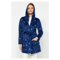 Trendyol Navy Blue Belted Heart Pattern Pocket and Hood Detail Fleece Knitted Dressing Gown