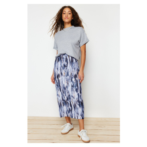 Trendyol Blue Printed Regular Elastic Waist Pleated Maxi Knitted Skirt