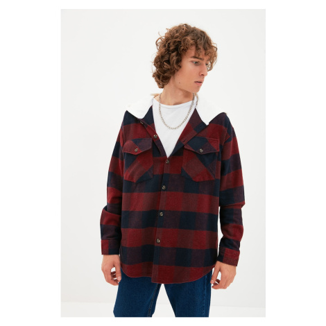 Trendyol Claret Red Men's Oversize Hooded Plaid Lumberjack Shirt