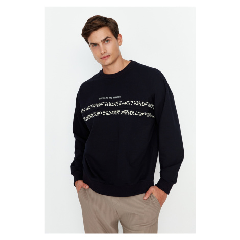 Trendyol Men's Navy Oversize/Wide Fit Crew Neck Text Printed Sweatshirt