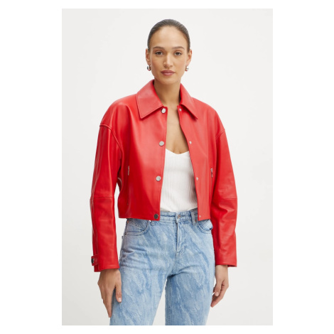 Kožená bunda BOSS dámská, červená barva, přechodná, oversize, 50535759 Hugo Boss