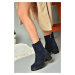 Fox Shoes R654006502 Navy Blue Genuine Leather and Suede Women's Boots with Thick Heels