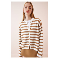 Happiness İstanbul Women's Ecru Biscuit Padded Striped Knitwear Cardigan