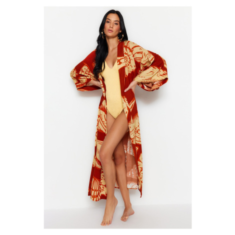 Trendyol Underwater Patterned Belted Maxi Woven 100% Cotton Kimono & Kaftan