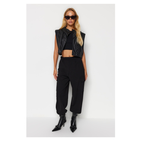 Trendyol Black Cargo Pocket Pleated Crepe Balloon Jogger Knitted Trousers
